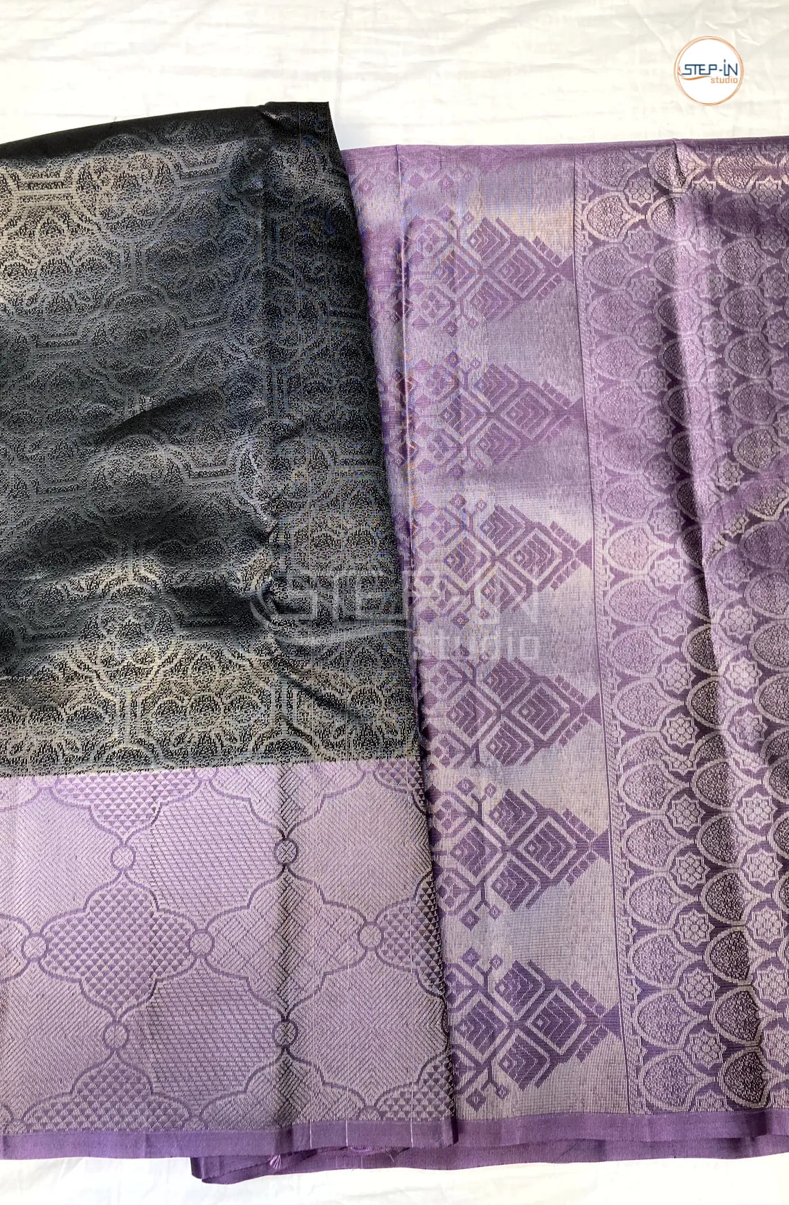 Geometric Design Soft Silk Saree With Contrast Boluse and Pallu - Black & Lavender