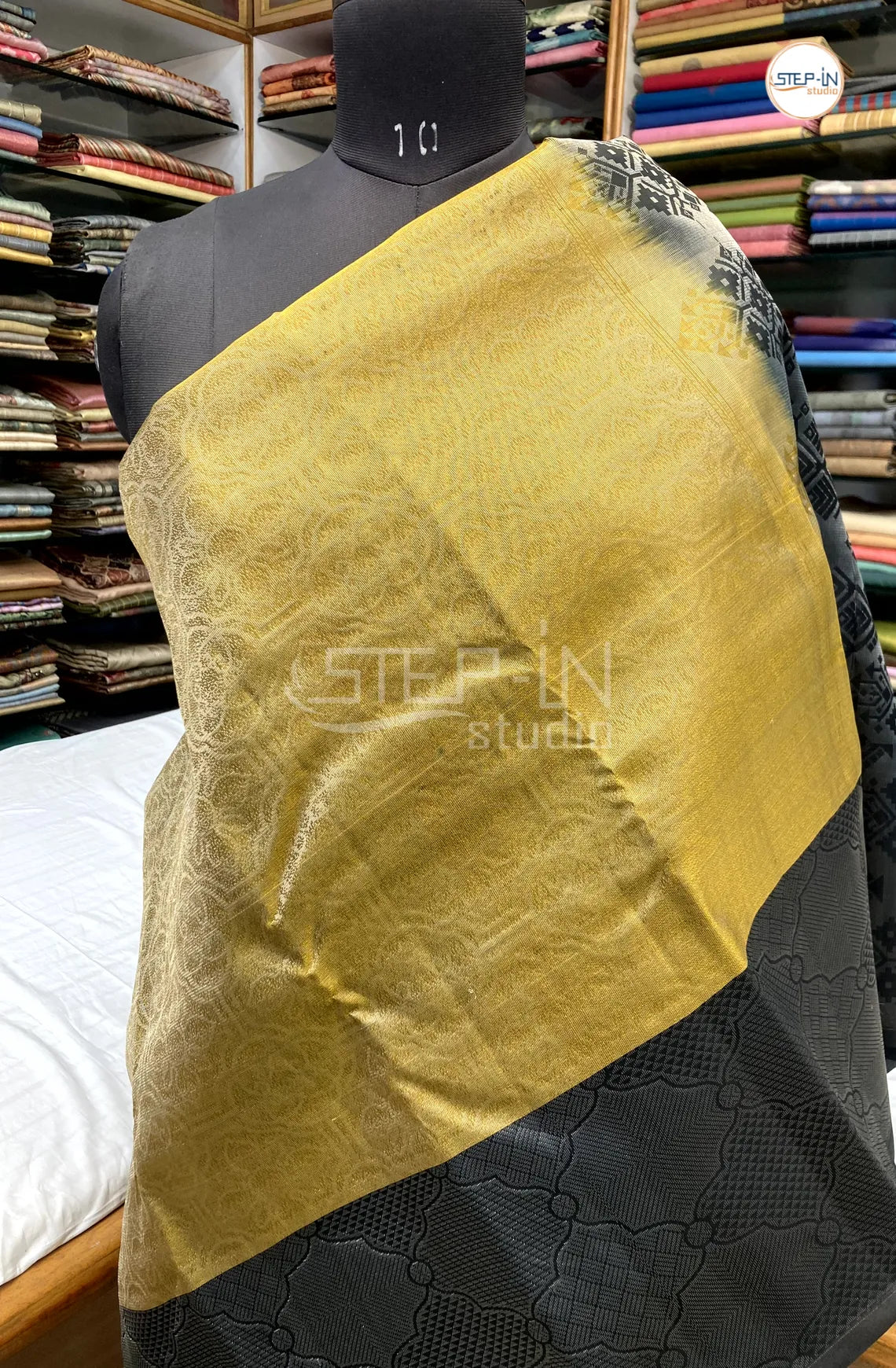 Geometric Design Soft Silk Saree With Contrast Boluse and Pallu - Gold & Black
