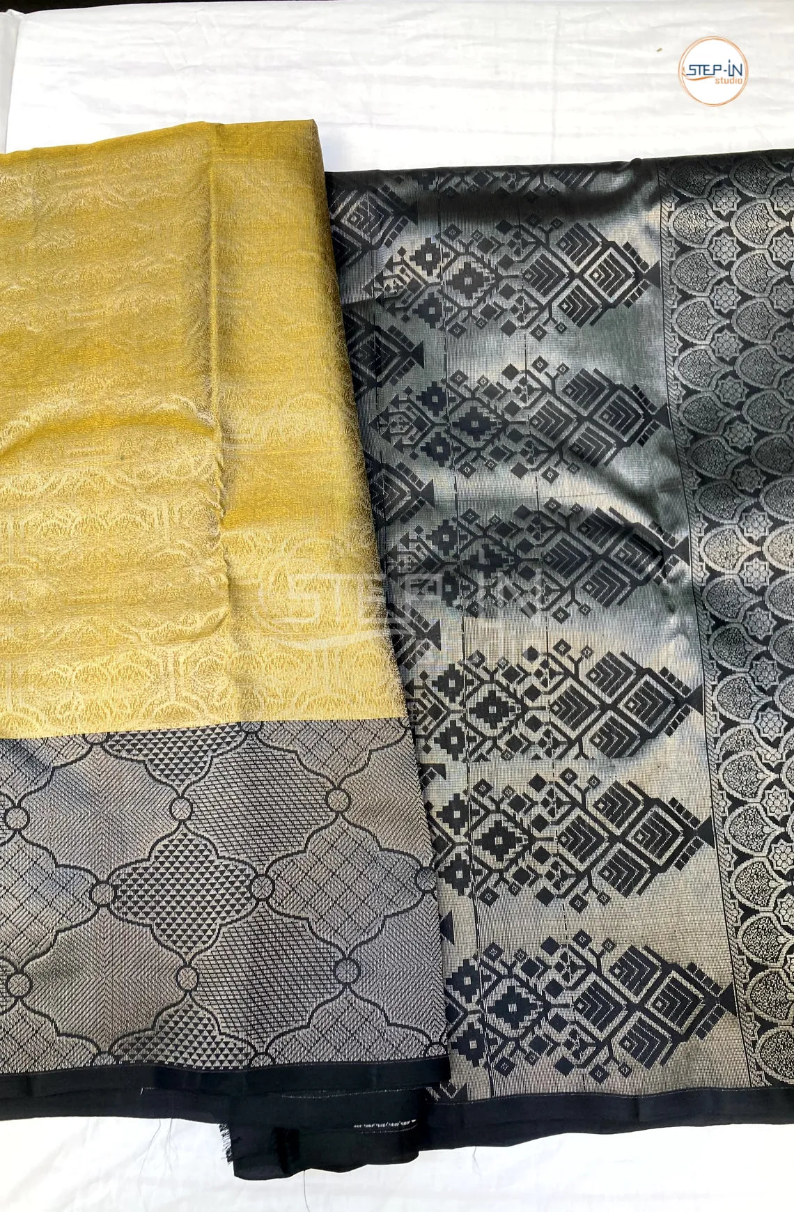 Geometric Design Soft Silk Saree With Contrast Boluse and Pallu - Gold & Black