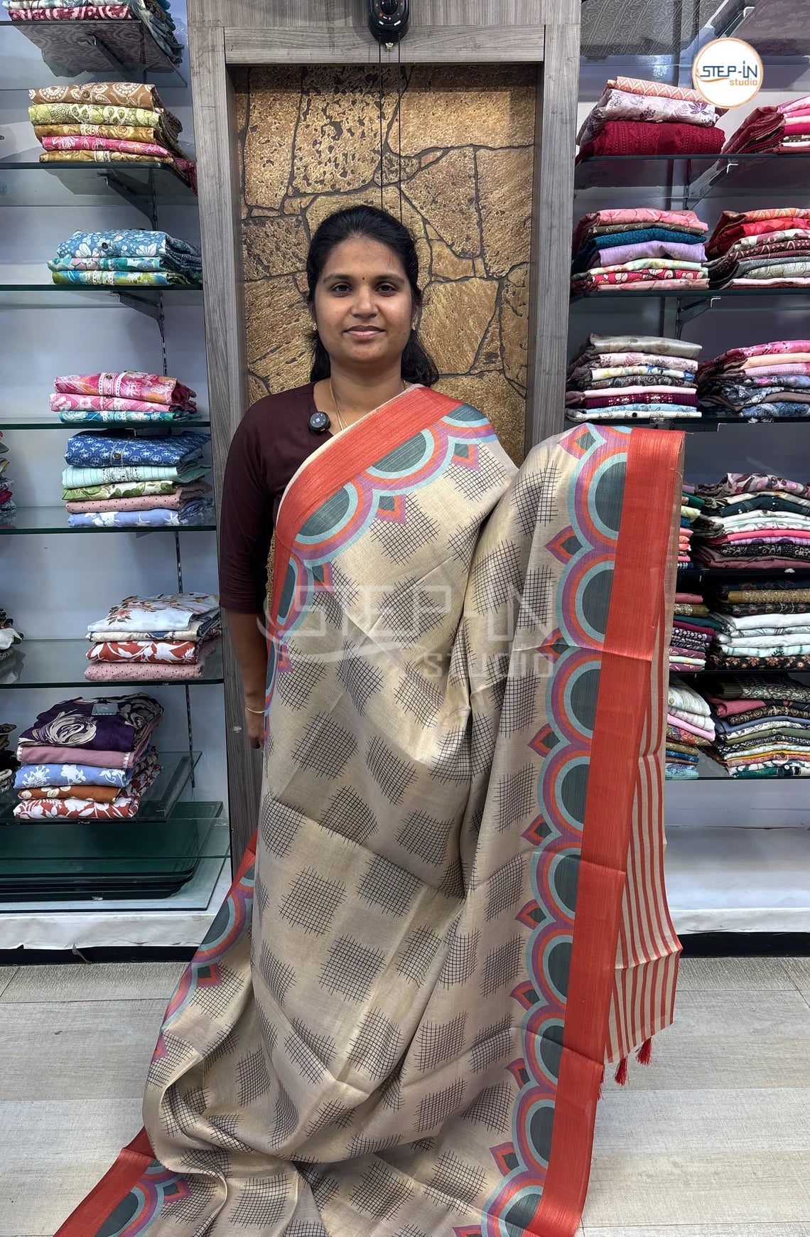 Geometric Printed Soft Linen Saree-Darkorange