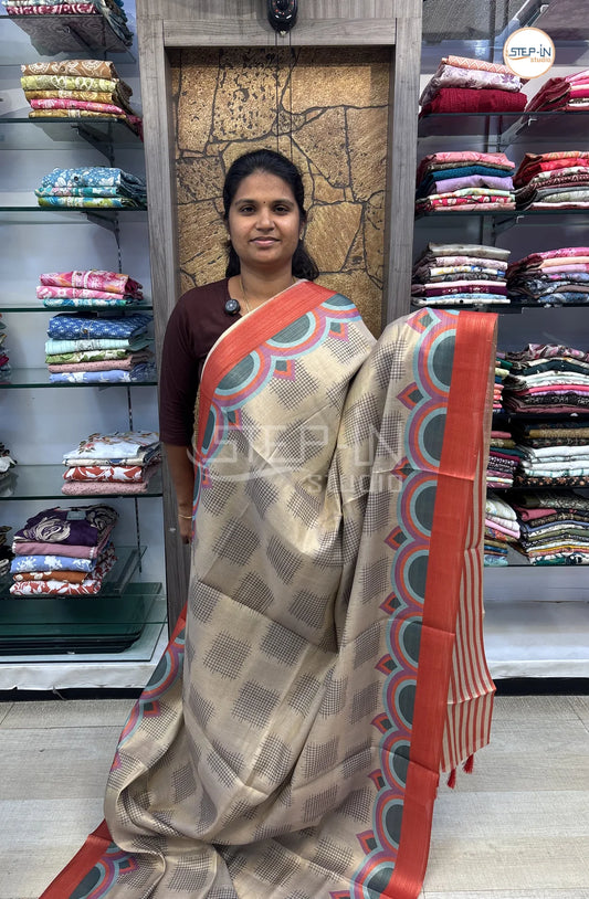 Geometric Printed Soft Linen Saree-Darkorange