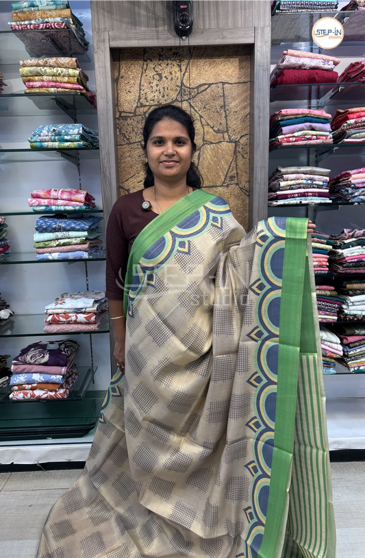 Geometric Printed Soft Linen Saree-GreenwithBlue