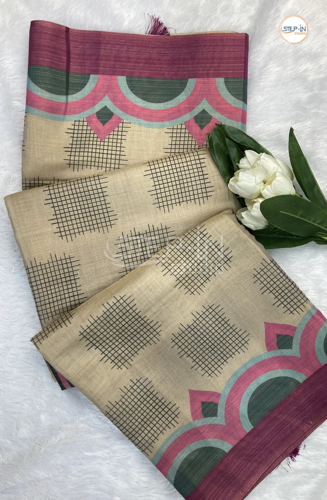 Geometric Printed Soft Linen Saree-Purple