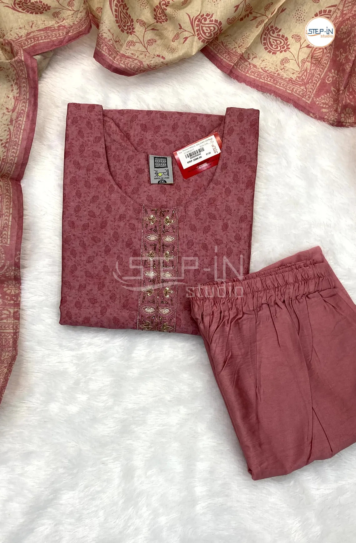 Geometric Printed and Stone Work Kurti With Straight Pant & Digital Print Dupatta- Wild Rose