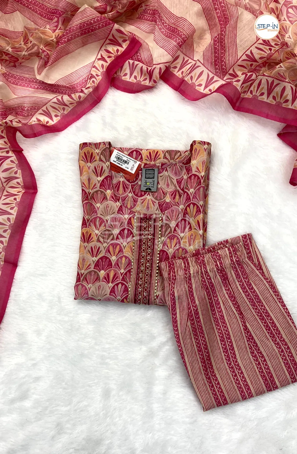 Geometric Printed and Stone Work Kurta With Striped Printed Straight pant & Digital Print Dupatta-Pink