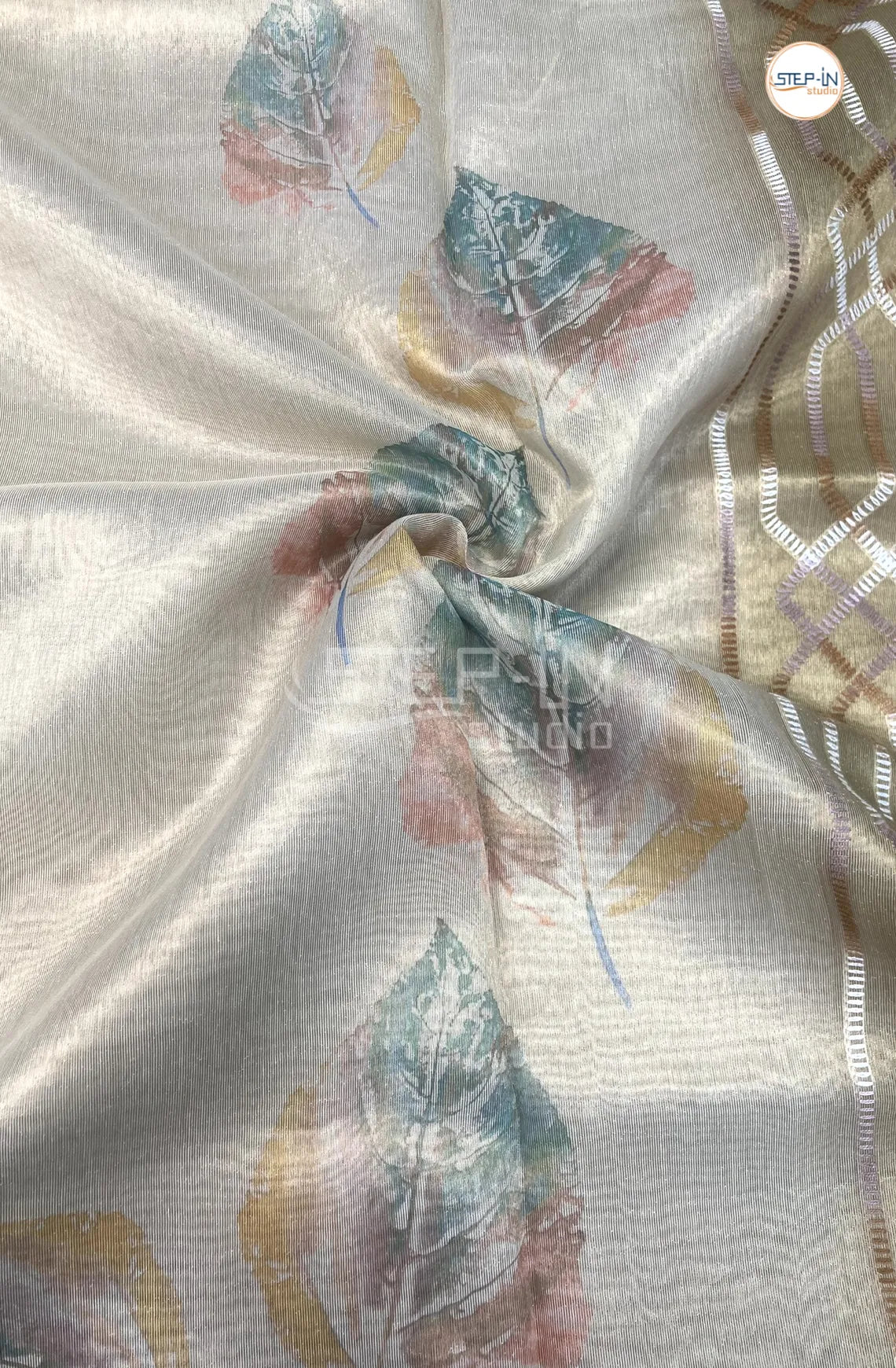 Gold Leaf Print Tissu Saree With Hand Embroiderd Pallu and Border & Contrast Blouse