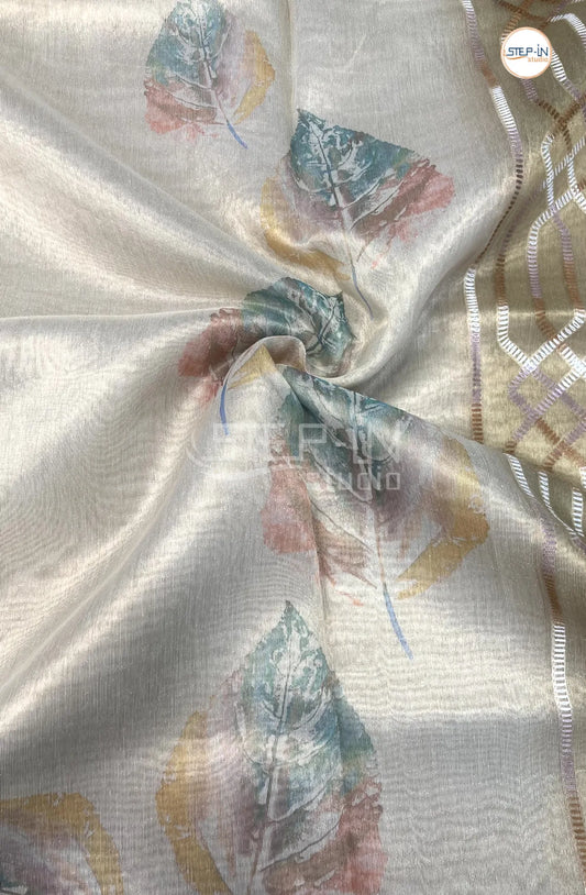 Gold Leaf Print Tissu Saree With Hand Embroiderd Pallu and Border & Contrast Blouse