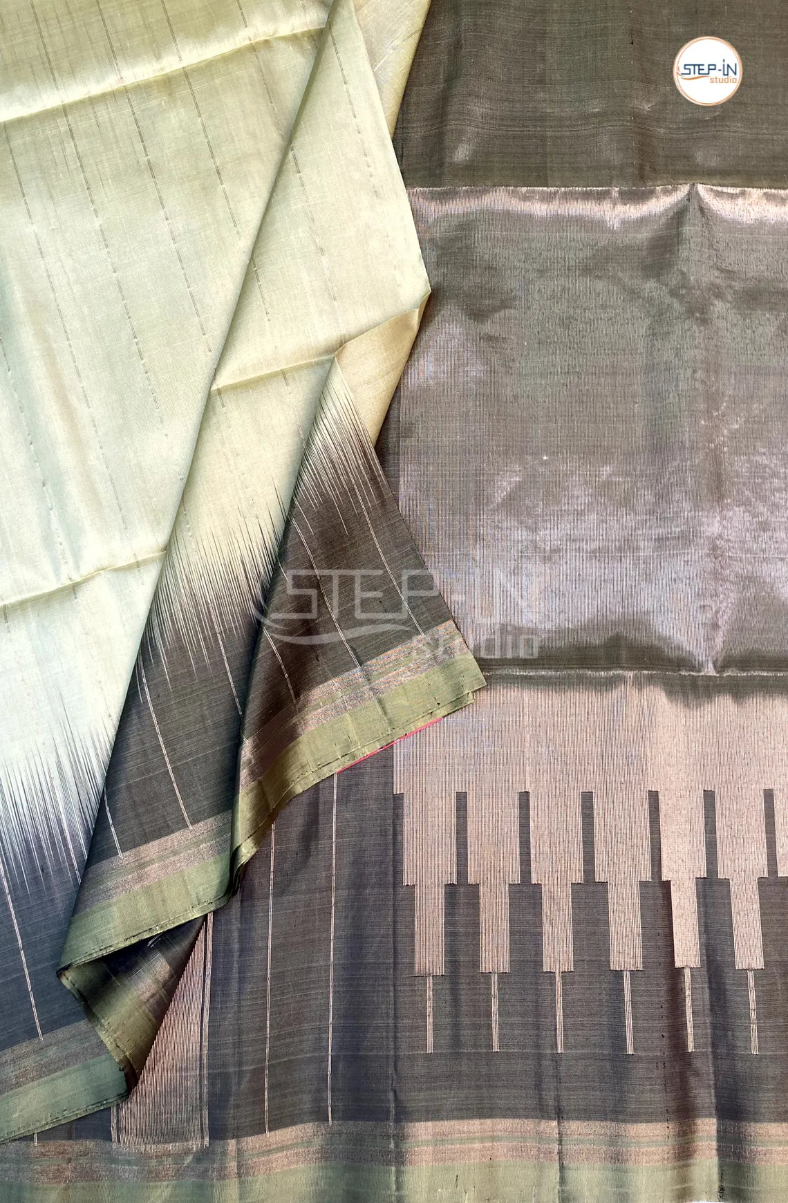 Zari Lines Design Soft Silk Saree With Contrast Boluse and Pallu- Pastel Green & Black