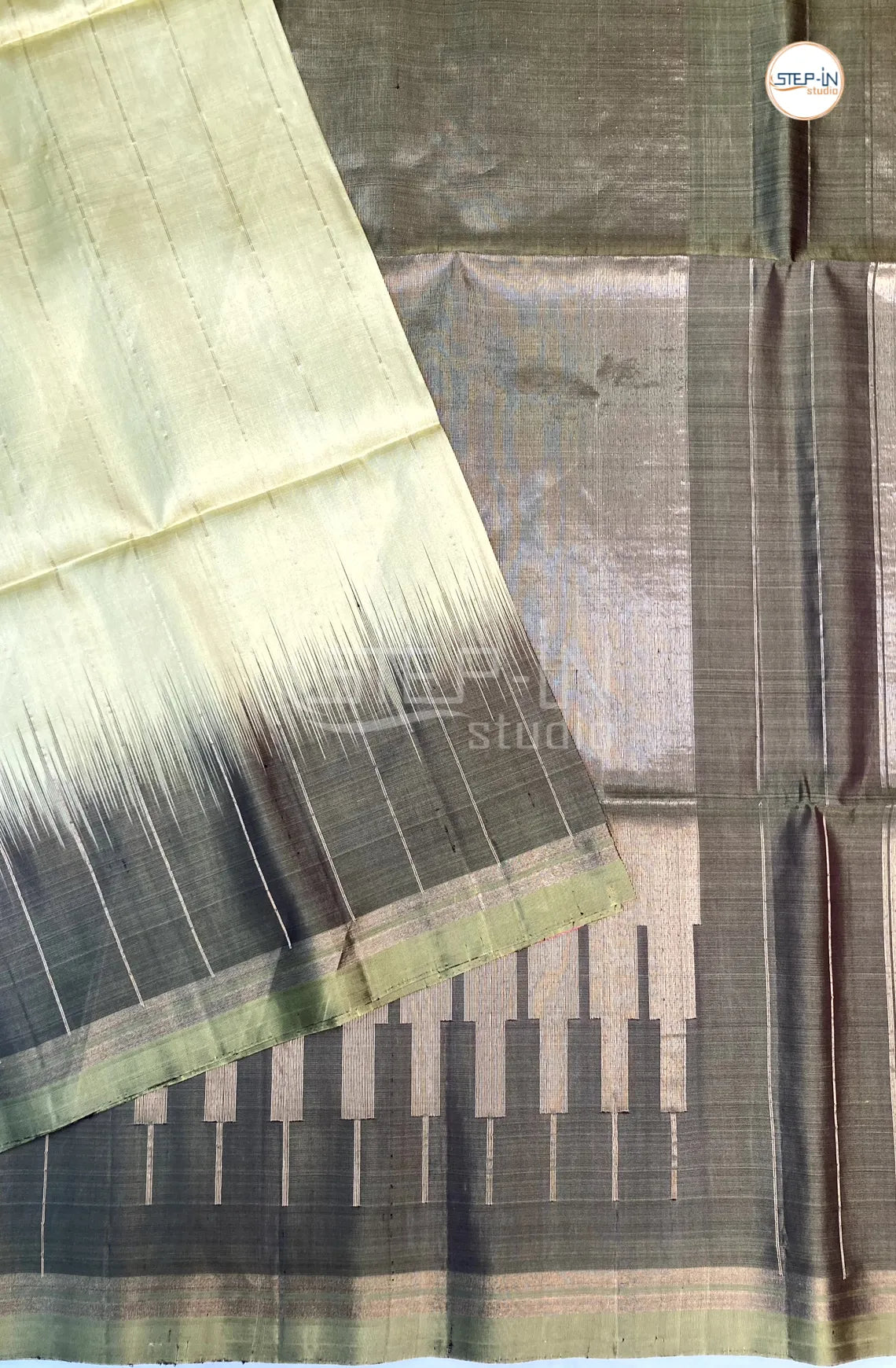 Zari Lines Design Soft Silk Saree With Contrast Boluse and Pallu- Pastel Green & Black