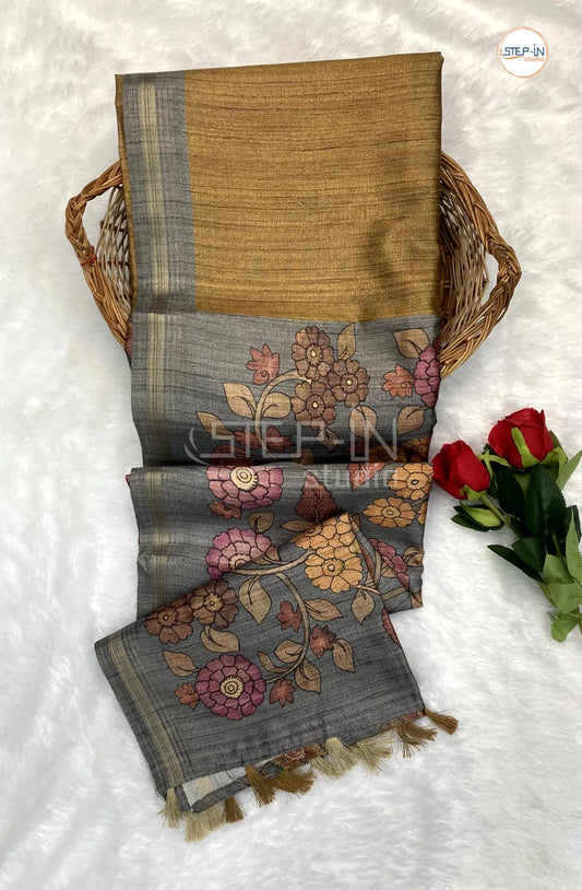 Gold & Grey PlainTussar Saree With Flower Print Contrast Pallu & Border and Contrast Blouse