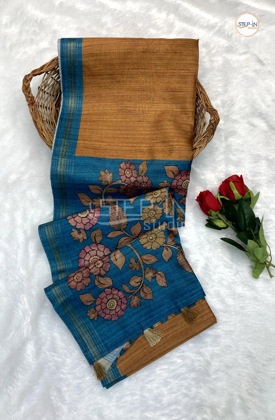 Gold & Vivid Blue PlainTussar Saree With Kalamkari Print Contrast Pallu & Border and Contrast Blouse