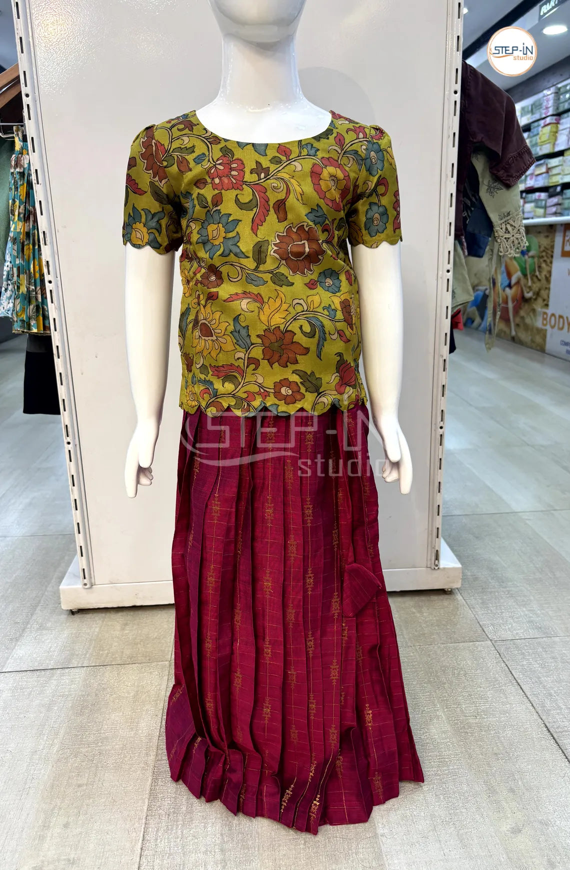 Green Kalamkari Top With Raw Silk Kumkum Skirt