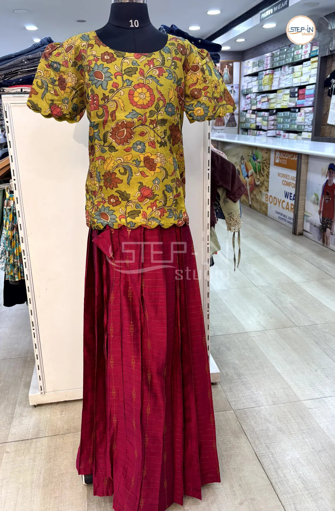 Green Kalamkari Top With Raw Silk Kumkum Skirt