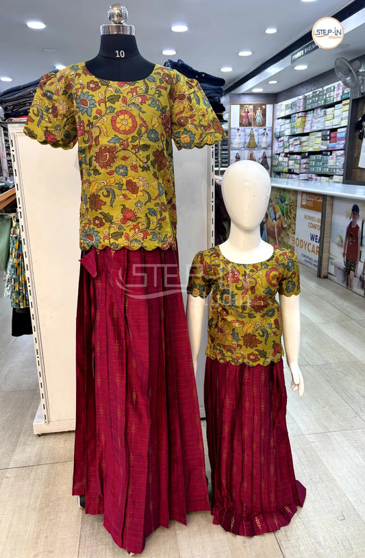 Green Kalamkari Top With Raw Silk Kumkum Skirt