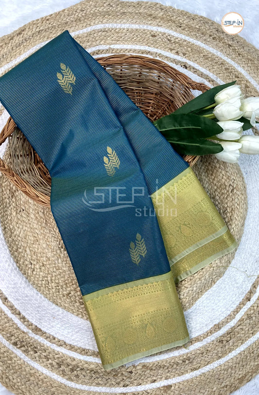Green Semi Kanchi Silk Saree With Gold Contrast Zari Border