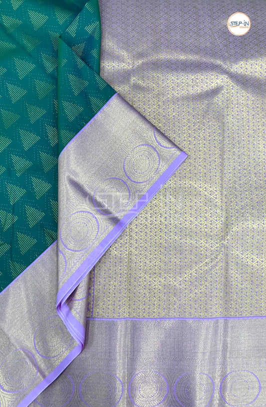 Green Semi Kanchi Silk Saree With Lavender Contrast Zari Border