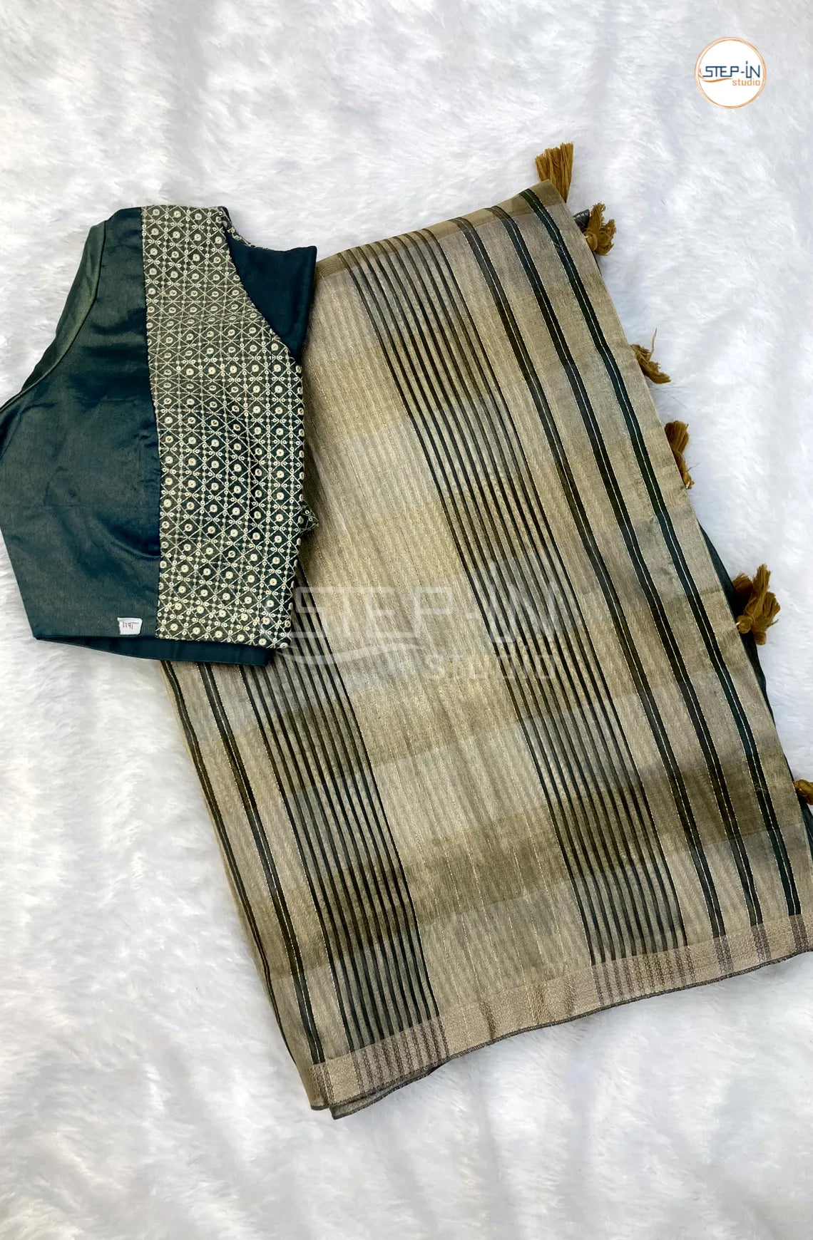 Green Striped Design Tissu Saree With Striped Zari Design Pallu and Lace Border & Contrast Jamki Work Readymade Blouse