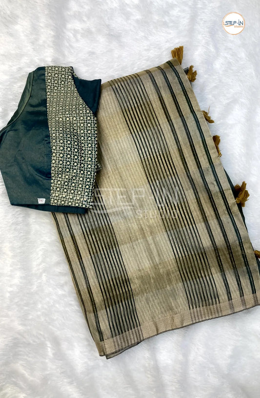 Green Striped Design Tissu Saree With Striped Zari Design Pallu and Lace Border & Contrast Jamki Work Readymade Blouse