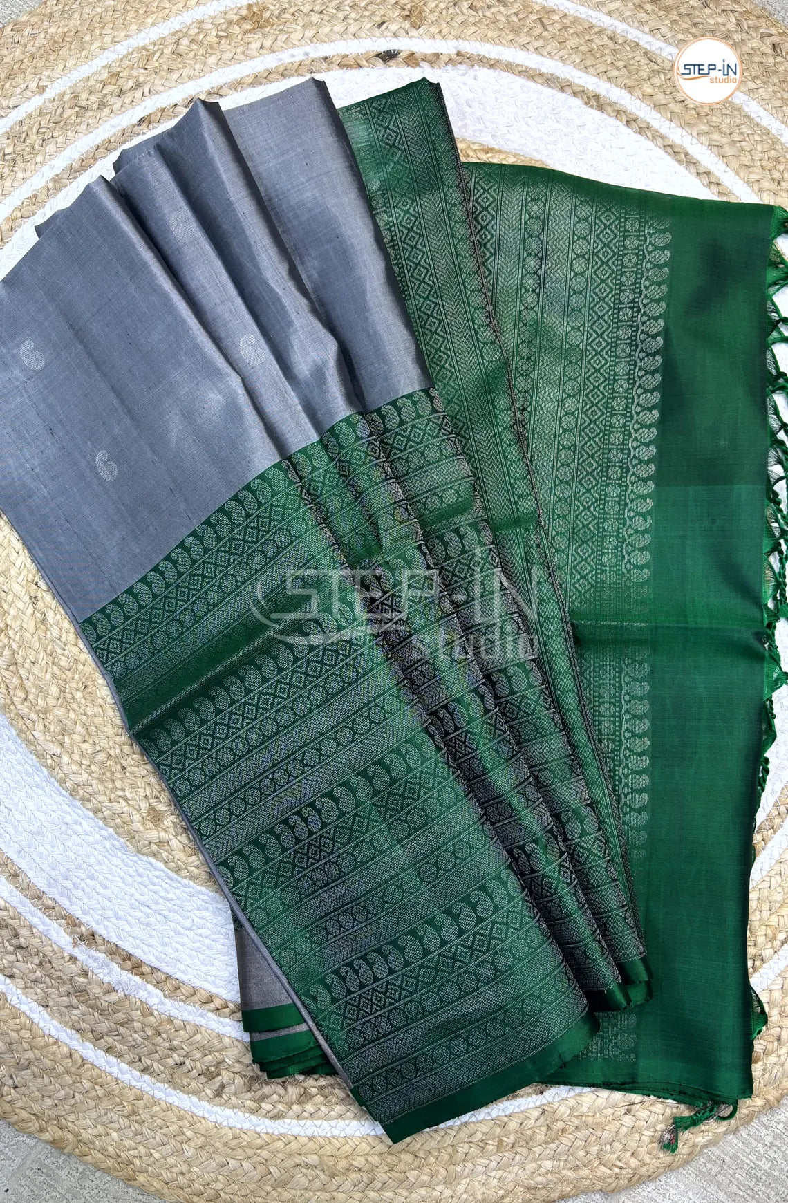 Grey & Green Floral Mango Design Soft Silk Saree With Contrast Blouse and Intricate Zari Big Design Border & Mango Argyle Design Pallu