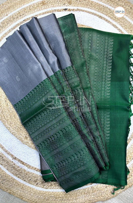 Grey & Green Floral Mango Design Soft Silk Saree With Contrast Blouse and Intricate Zari Big Design Border & Mango Argyle Design Pallu