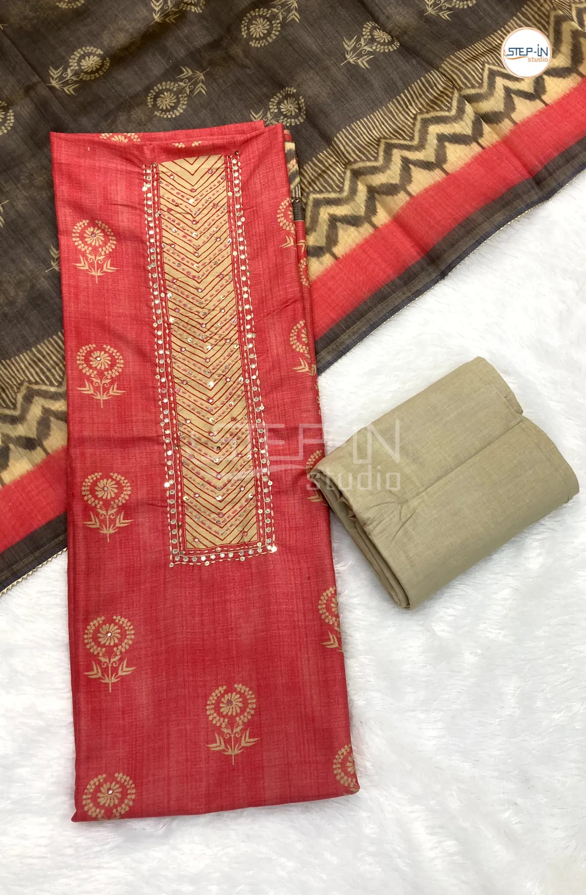 Hot Red Tussar Neck Embroiderd Unstitched Dress Material