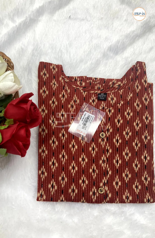 Ikat Handloom Printed Cotton Top - Brick Red