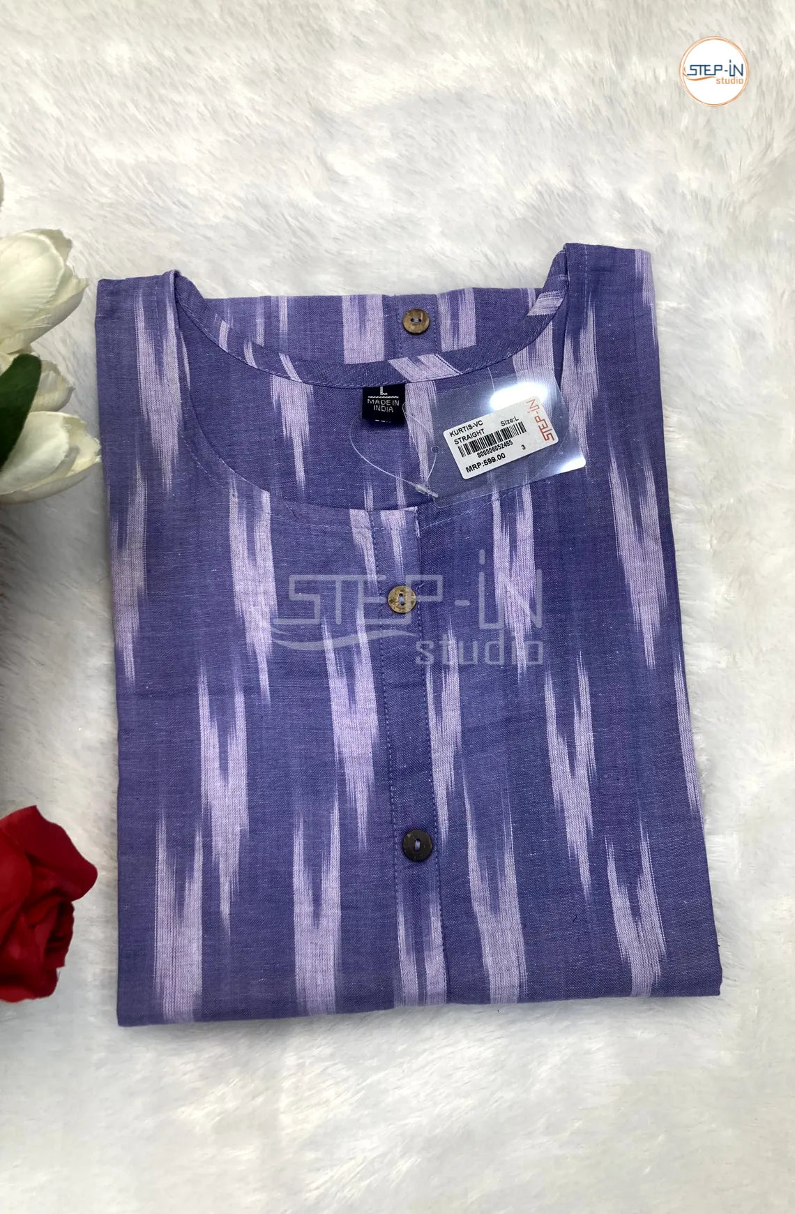 Ikat Handloom Woven Design Cotton Top - Blue & White