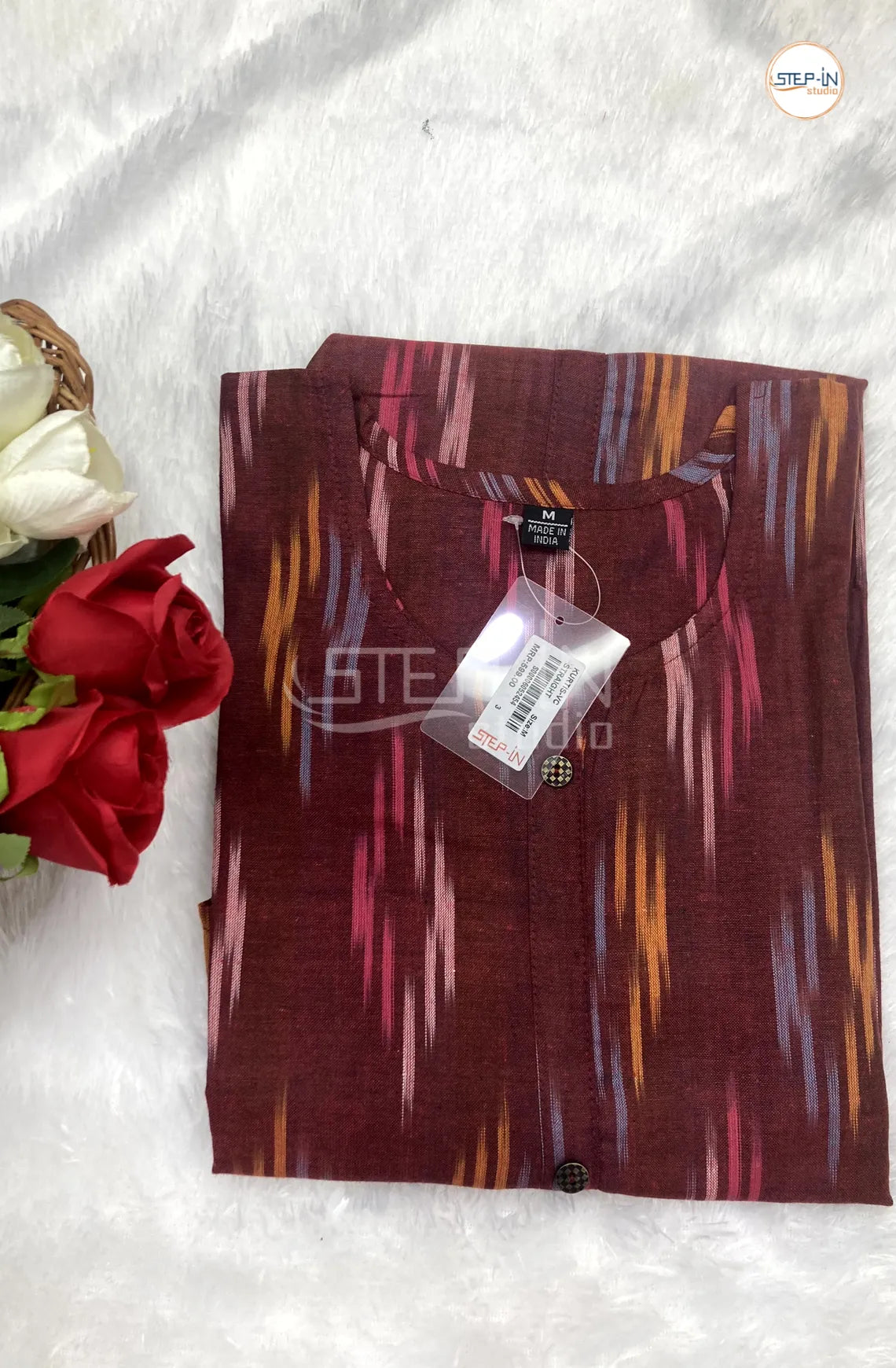 Ikat Handloom Woven Design Cotton Top - Brown