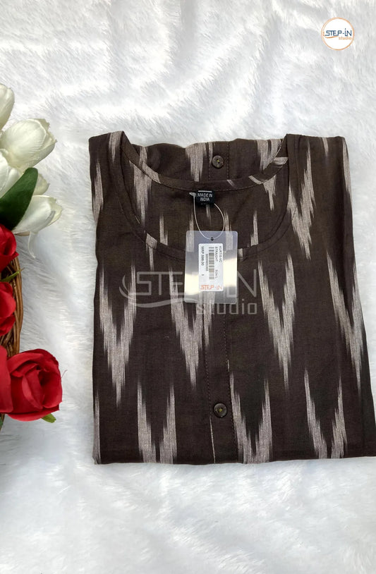 Ikat Handloom Woven Design Cotton Top - Coffee Black