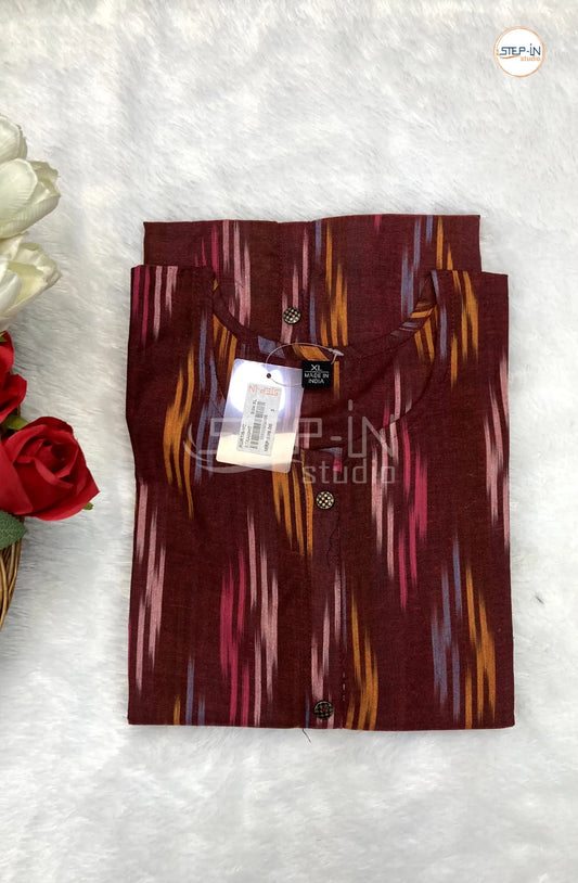 Ikat Handloom Woven Design Cotton Top - Maroon