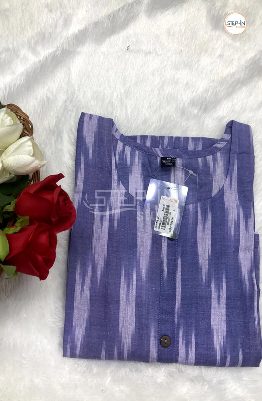 Ikat Handloom Woven Design Cotton Top - Smoke Blue