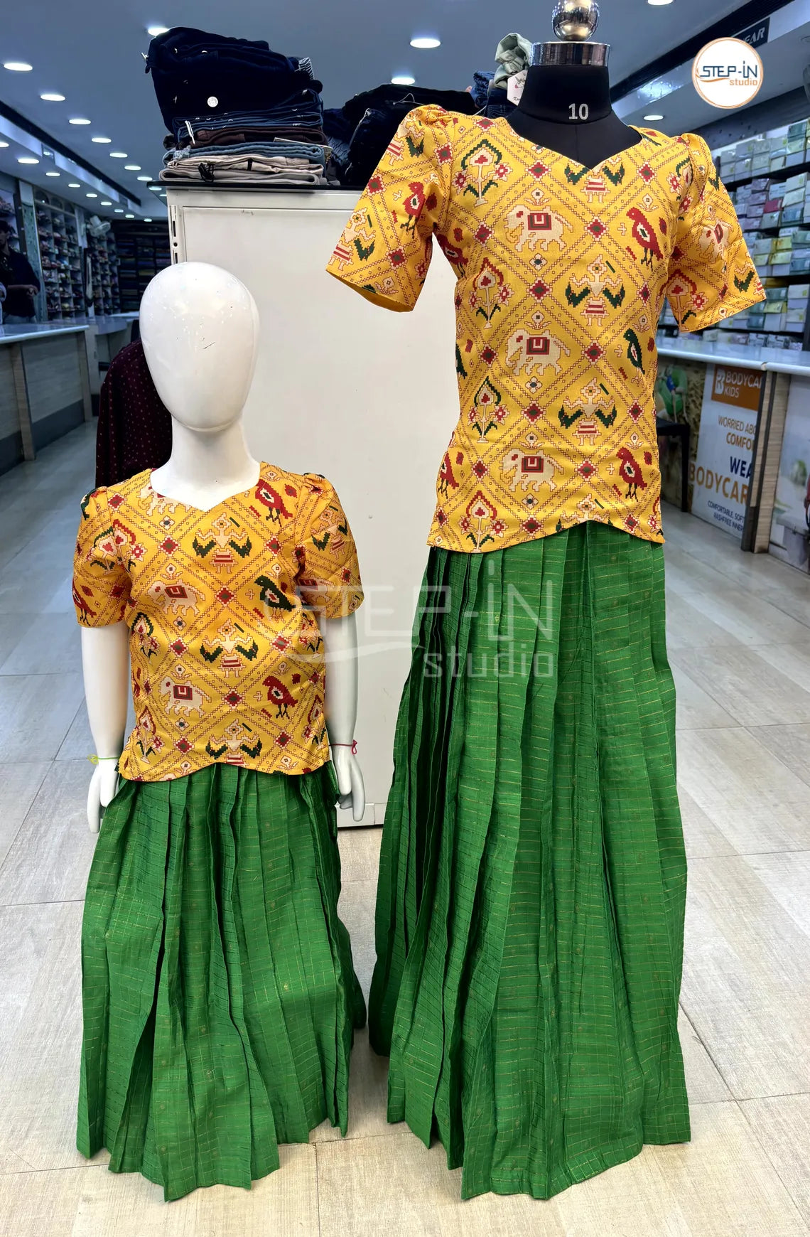 Ikat Printed V Neck Design Top & Gold Zari Raw Silk Skirt -Yellow & Green