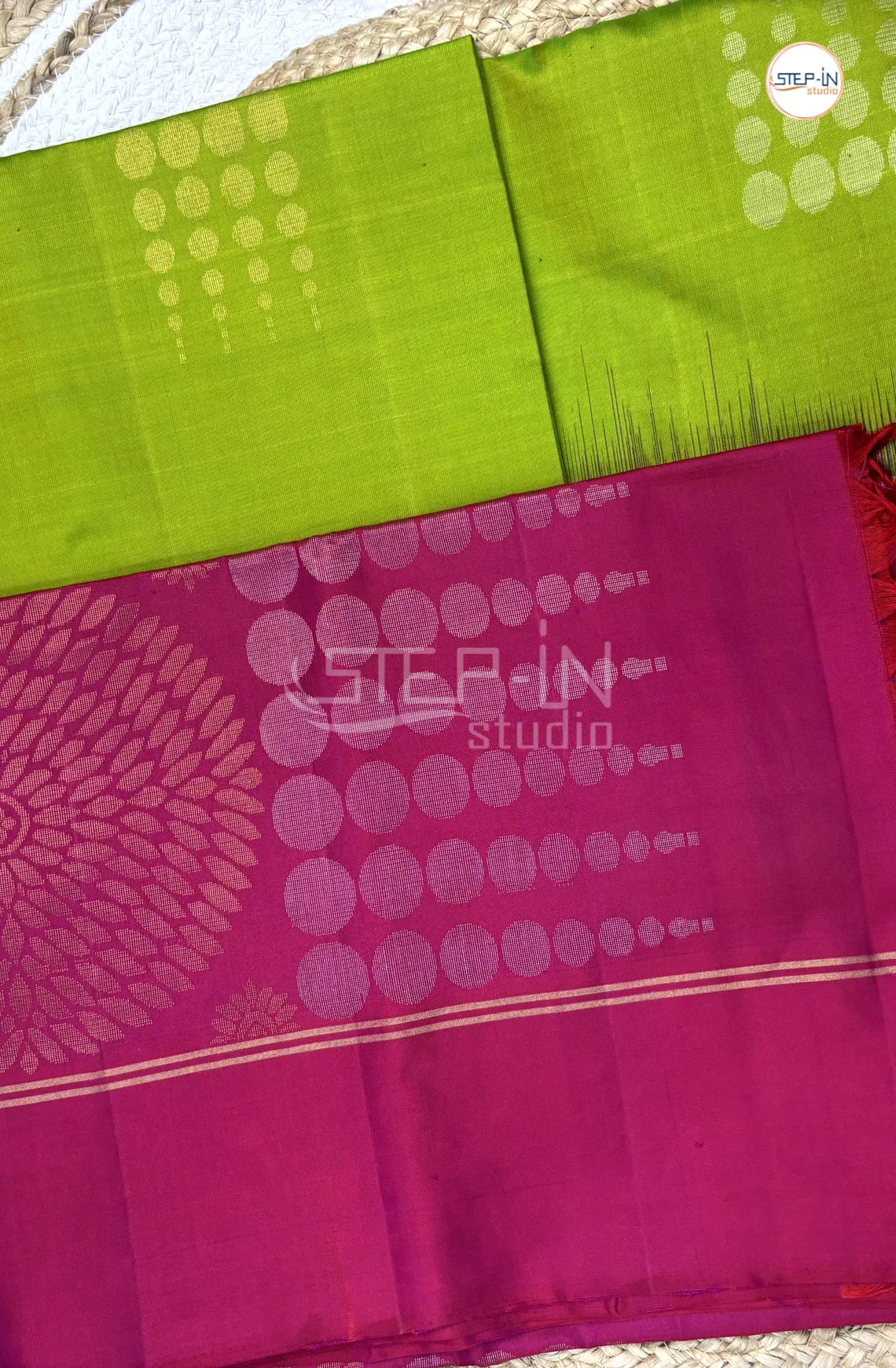 Jasmine Green & Dark Pink Floral Design Soft Silk Saree With Contrast Blouse and Plain Border & Design Pallu