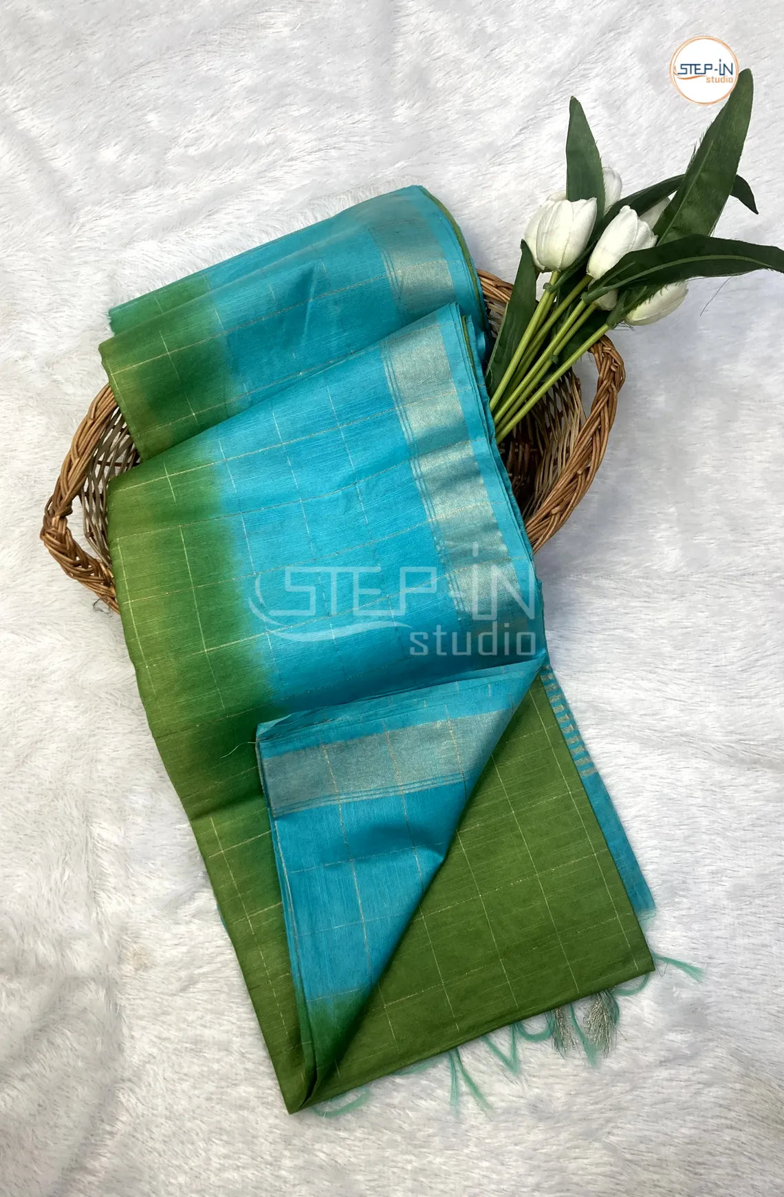 Katan Silk Saree With Contrast Pallu & Border With Blouse - Green & Teal Blue