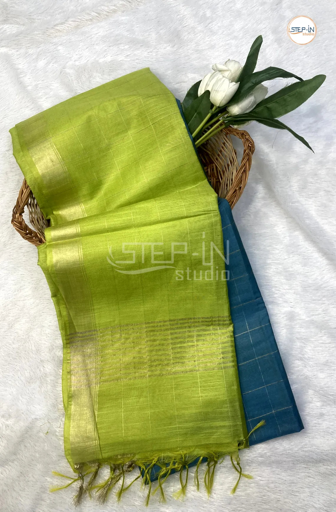 Katan Silk Saree With Contrast Pallu & Border With Blouse -Jade Blue & Lime Green