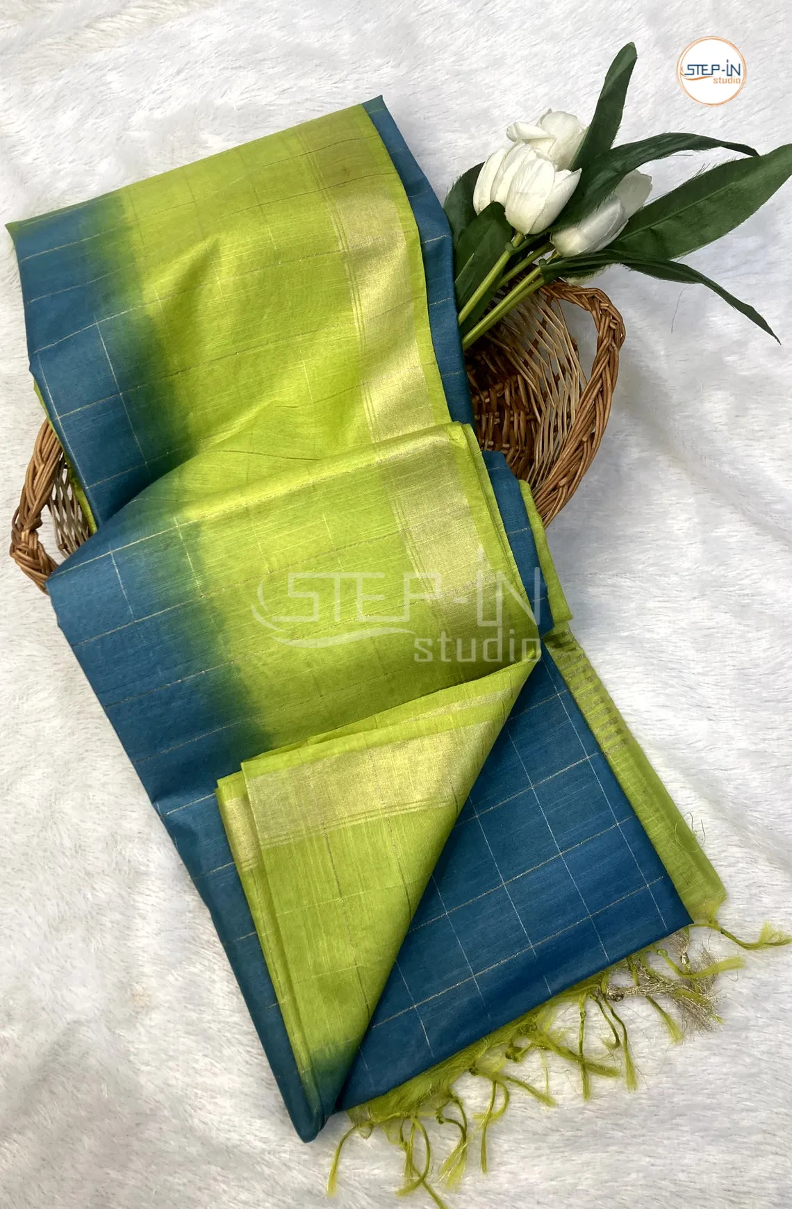 Katan Silk Saree With Contrast Pallu & Border With Blouse -Jade Blue & Lime Green