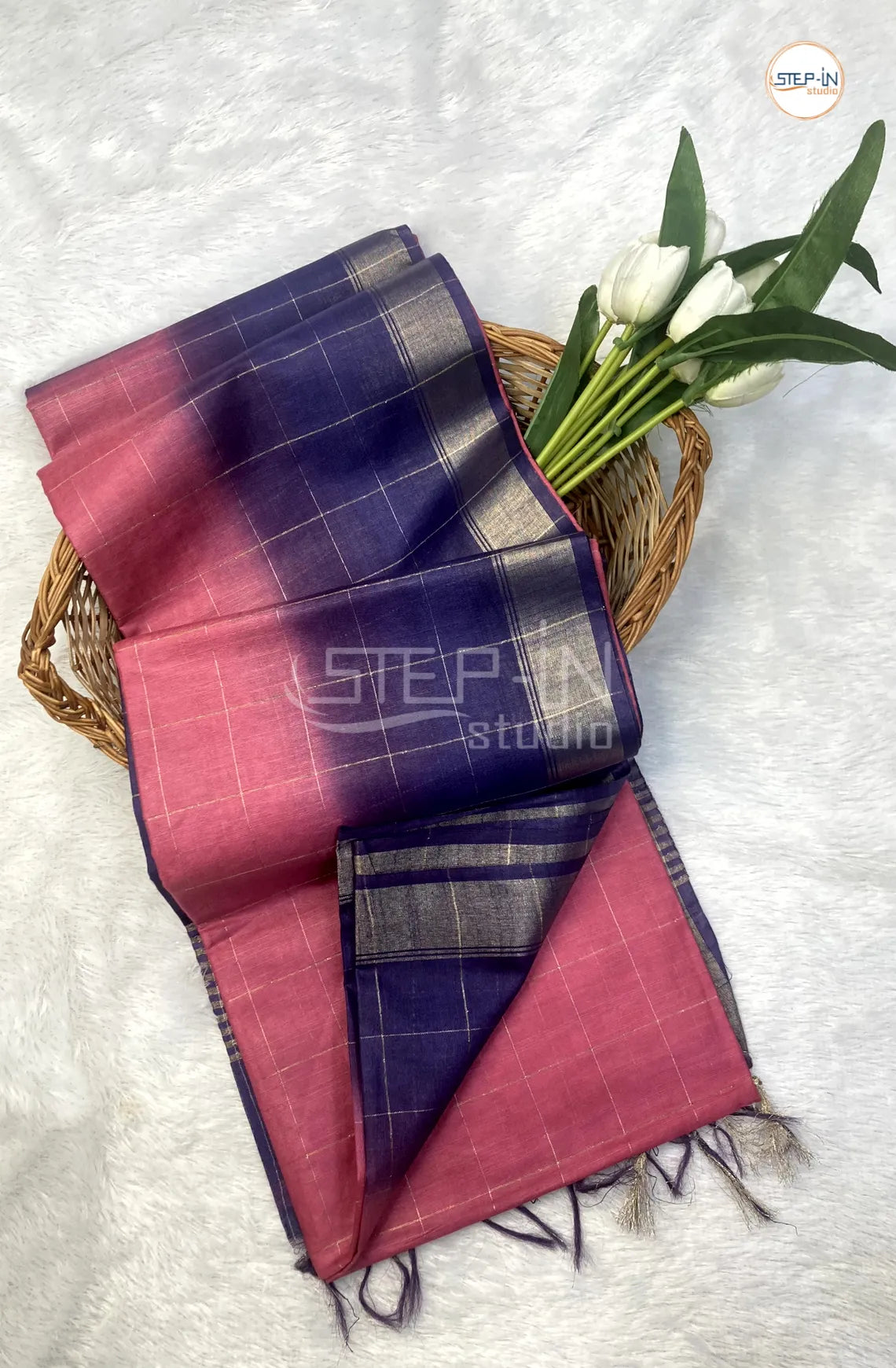 Katan Silk Saree With Contrast Pallu & Border With Blouse - Pink & Blue