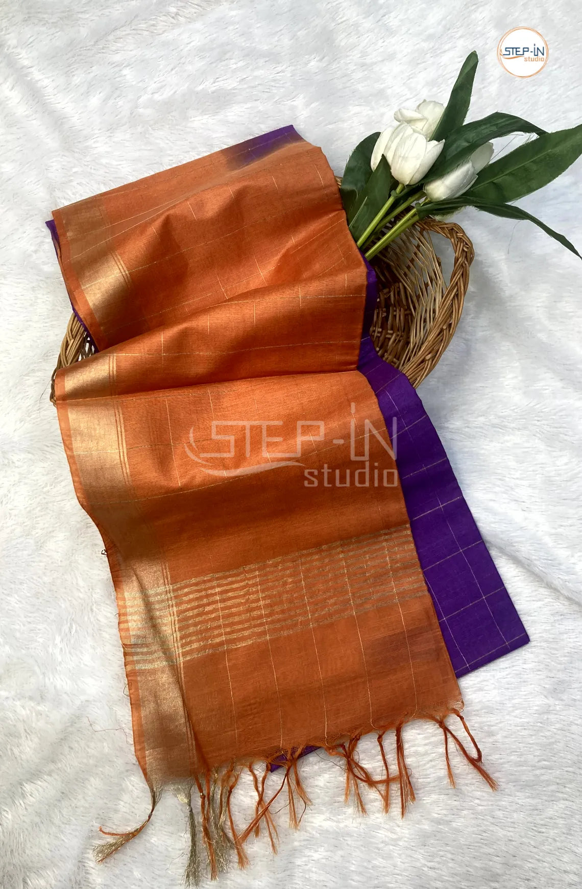 Katan Silk Saree With Contrast Pallu & Border With Blouse -Tyrian Purple & Orange