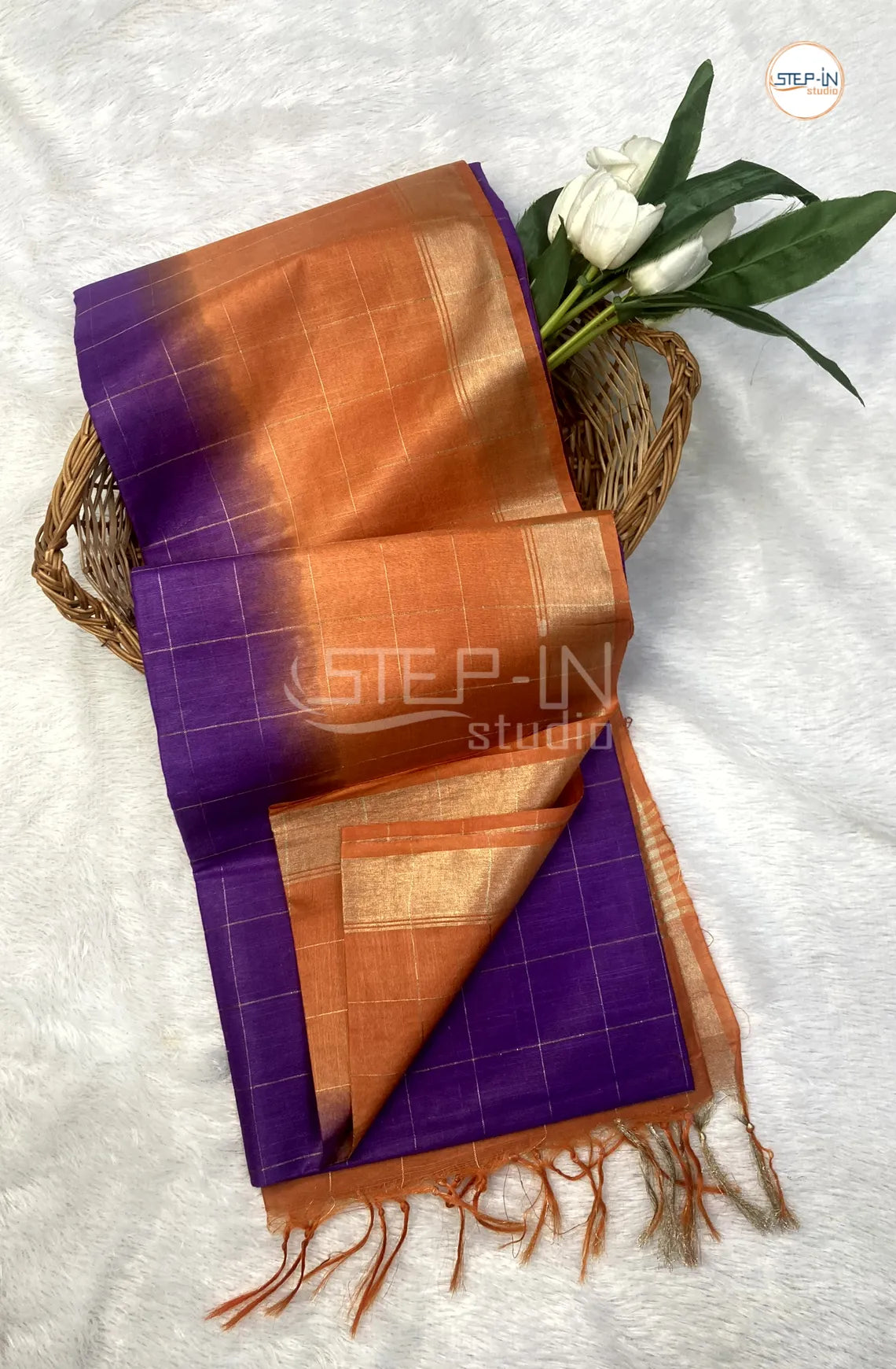 Katan Silk Saree With Contrast Pallu & Border With Blouse -Tyrian Purple & Orange