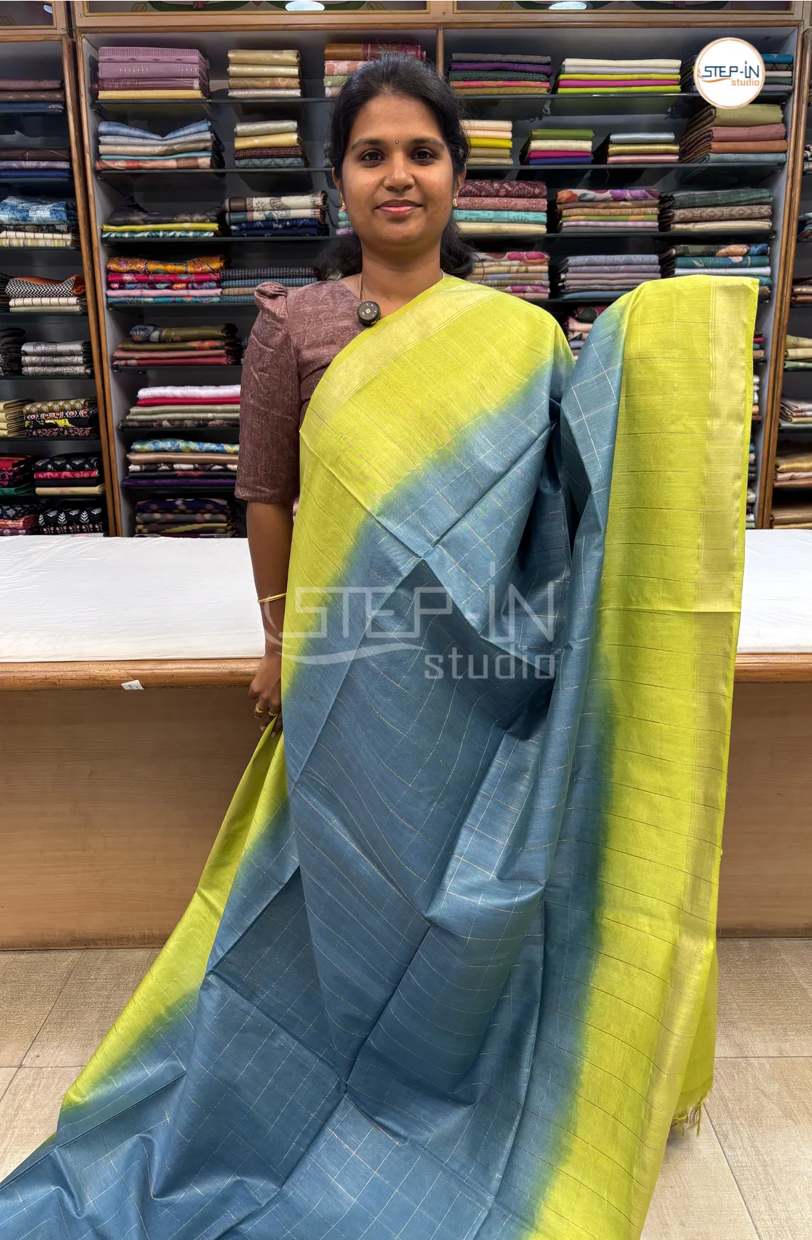 Katan Silk Saree With Contrast Pallu & Border With Blouse -Jade Blue & Lime Green