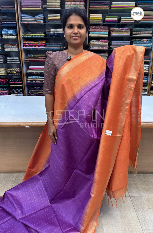 Katan Silk Saree With Contrast Pallu & Border With Blouse -Tyrian Purple & Orange