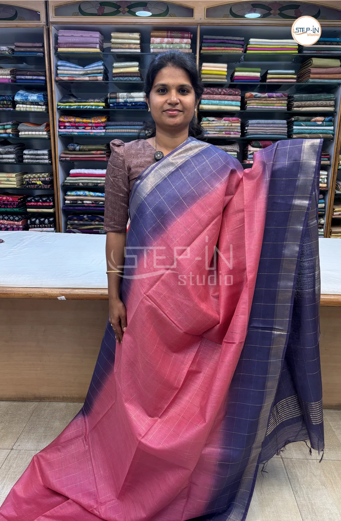 Katan Silk Saree With Contrast Pallu & Border With Blouse - Pink & Blue