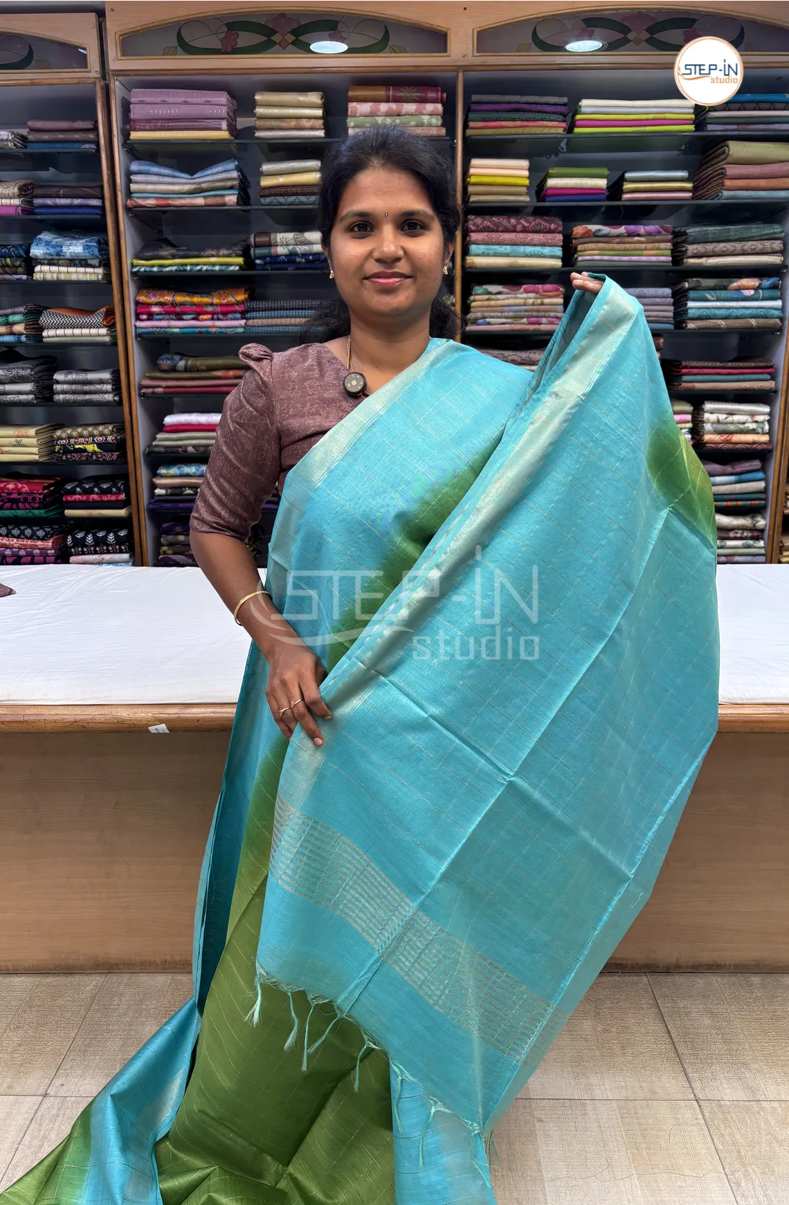 Katan Silk Saree With Contrast Pallu & Border With Blouse - Green & Teal Blue