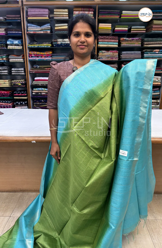 Katan Silk Saree With Contrast Pallu & Border With Blouse - Green & Teal Blue