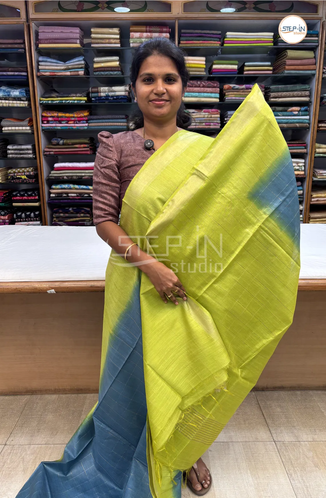 Katan Silk Saree With Contrast Pallu & Border With Blouse -Jade Blue & Lime Green