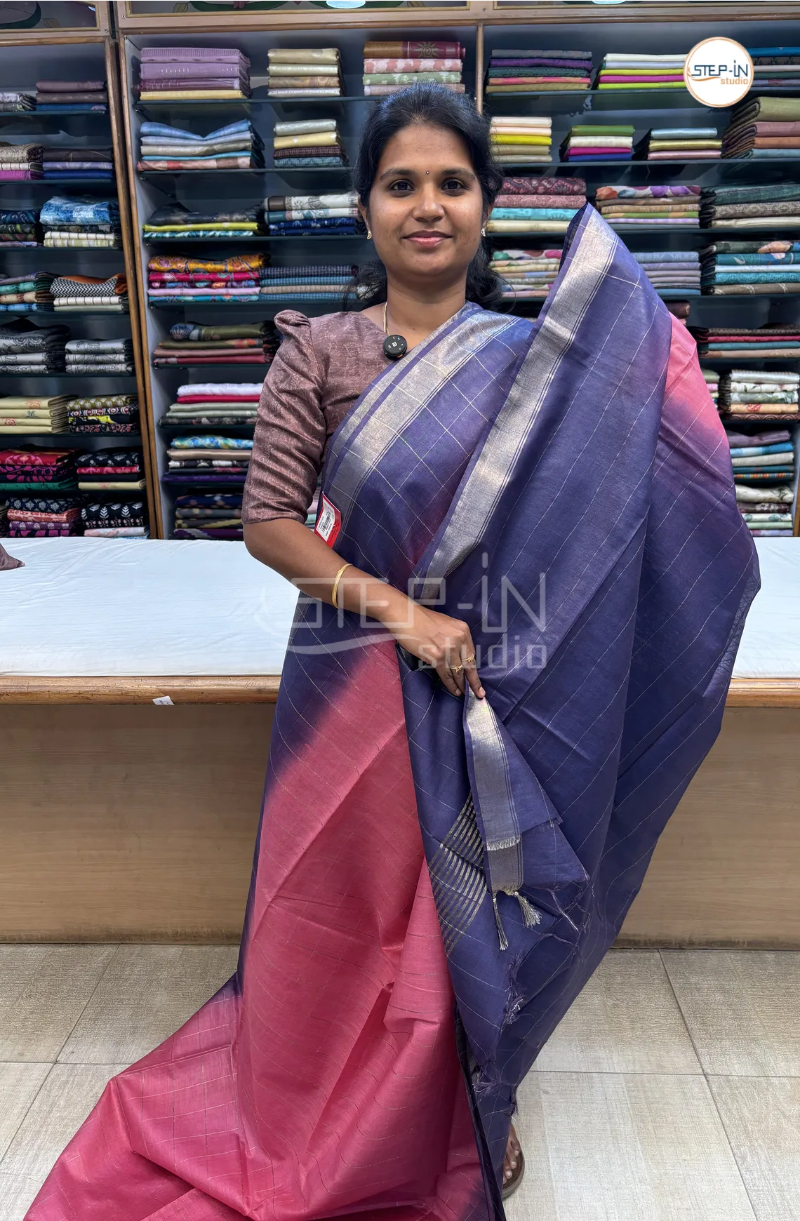 Katan Silk Saree With Contrast Pallu & Border With Blouse - Pink & Blue