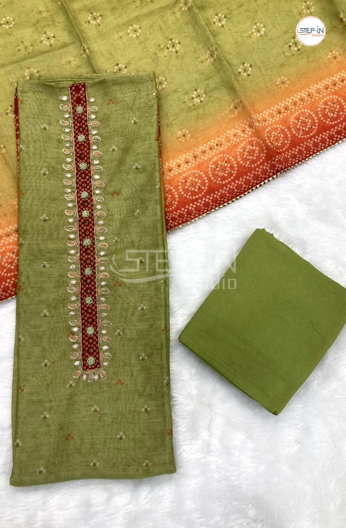Kiwi Green Semi Linen Neck Embroiderd & Stone Work Unstitched Dress Material
