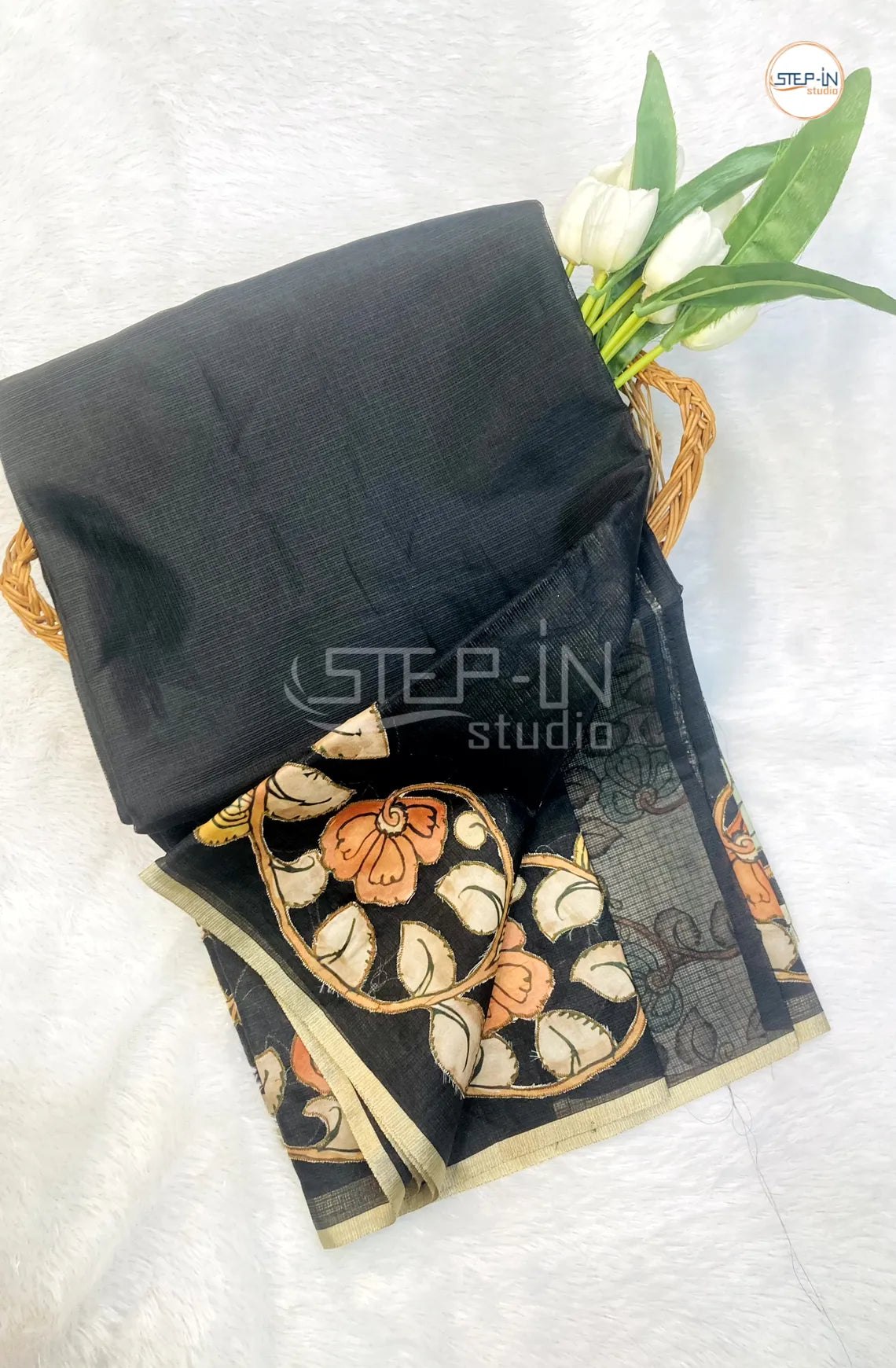 Kota Saree With Kalamkari Patch Worked Border & Pallu With Blouse - Black