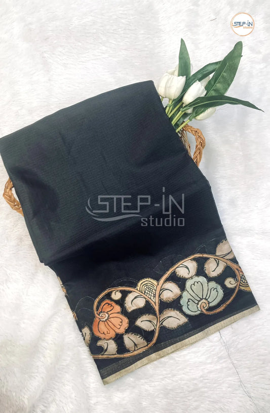 Kota Saree With Kalamkari Patch Worked Border & Pallu With Blouse - Black