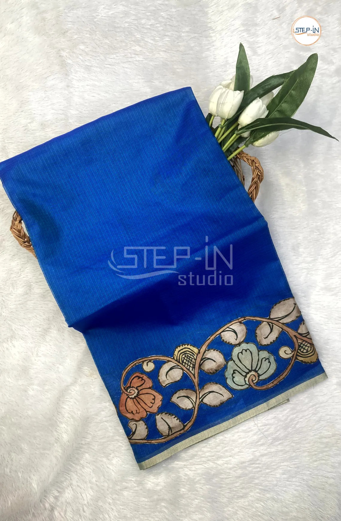 Kota Saree With Kalamkari Patch Worked Border & Pallu With Blouse - Blue